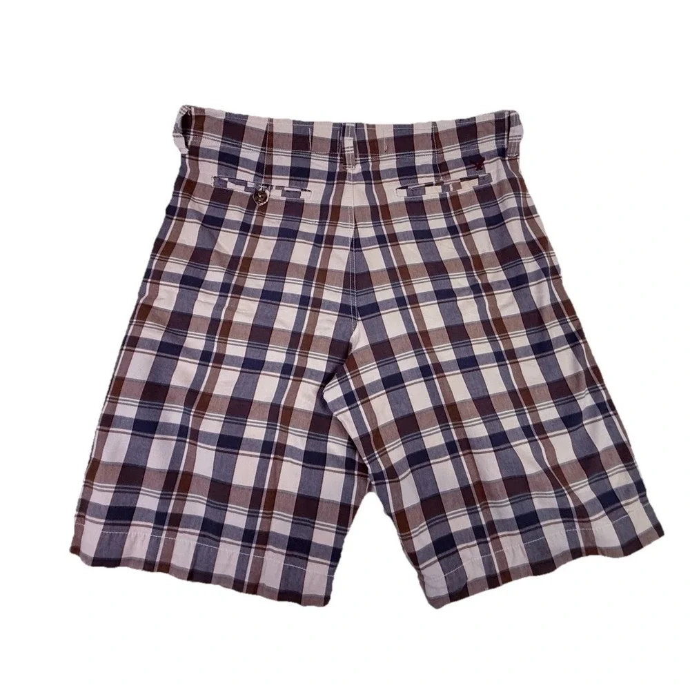 American Eagle Plaid Shorts Mens 36 Brown Blue Flat Front Casual Preppy Chino